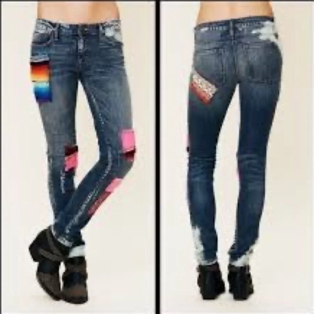 Free People Artisan De Luxe Patchwork Boho Distressed Acid Washed Denim Jeans